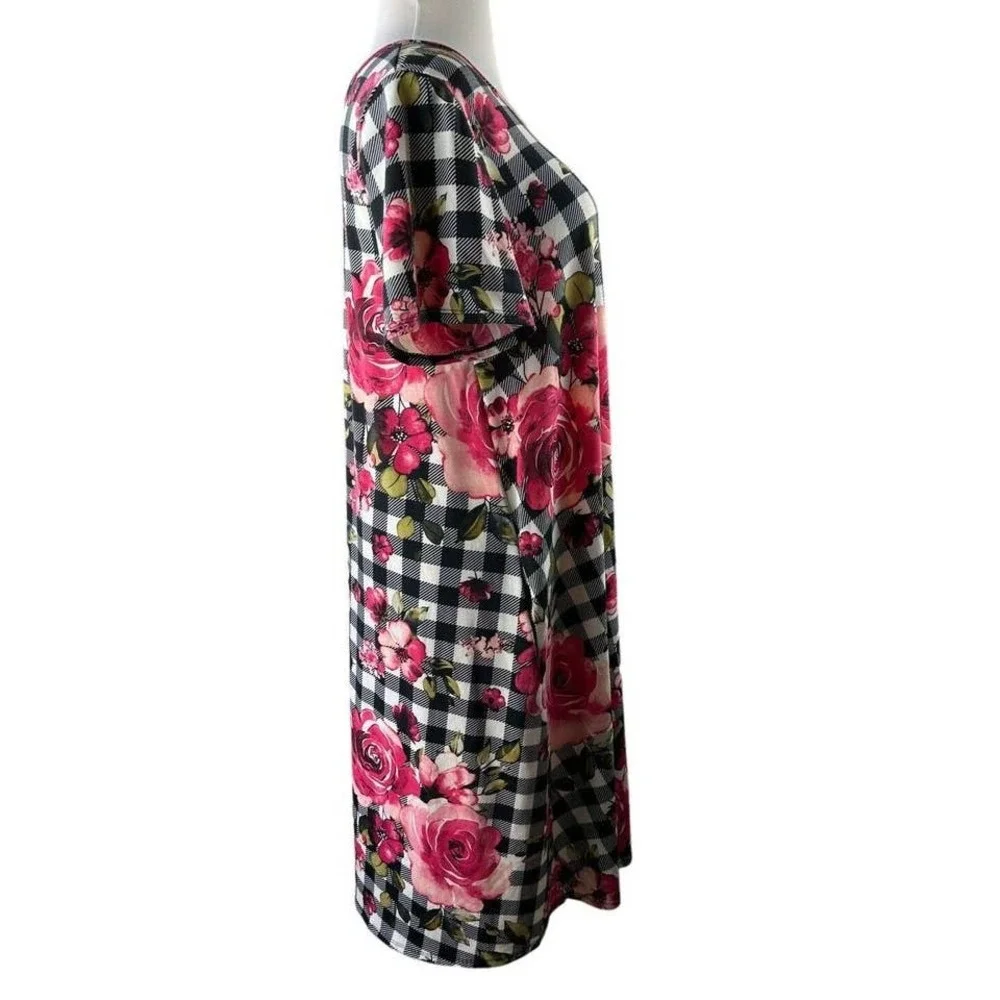 Lularoe Jessie Dress Pockets Scoop Neck Plaid Floral Short Sleeve Plus Size 3XL - Picture 2 of 6